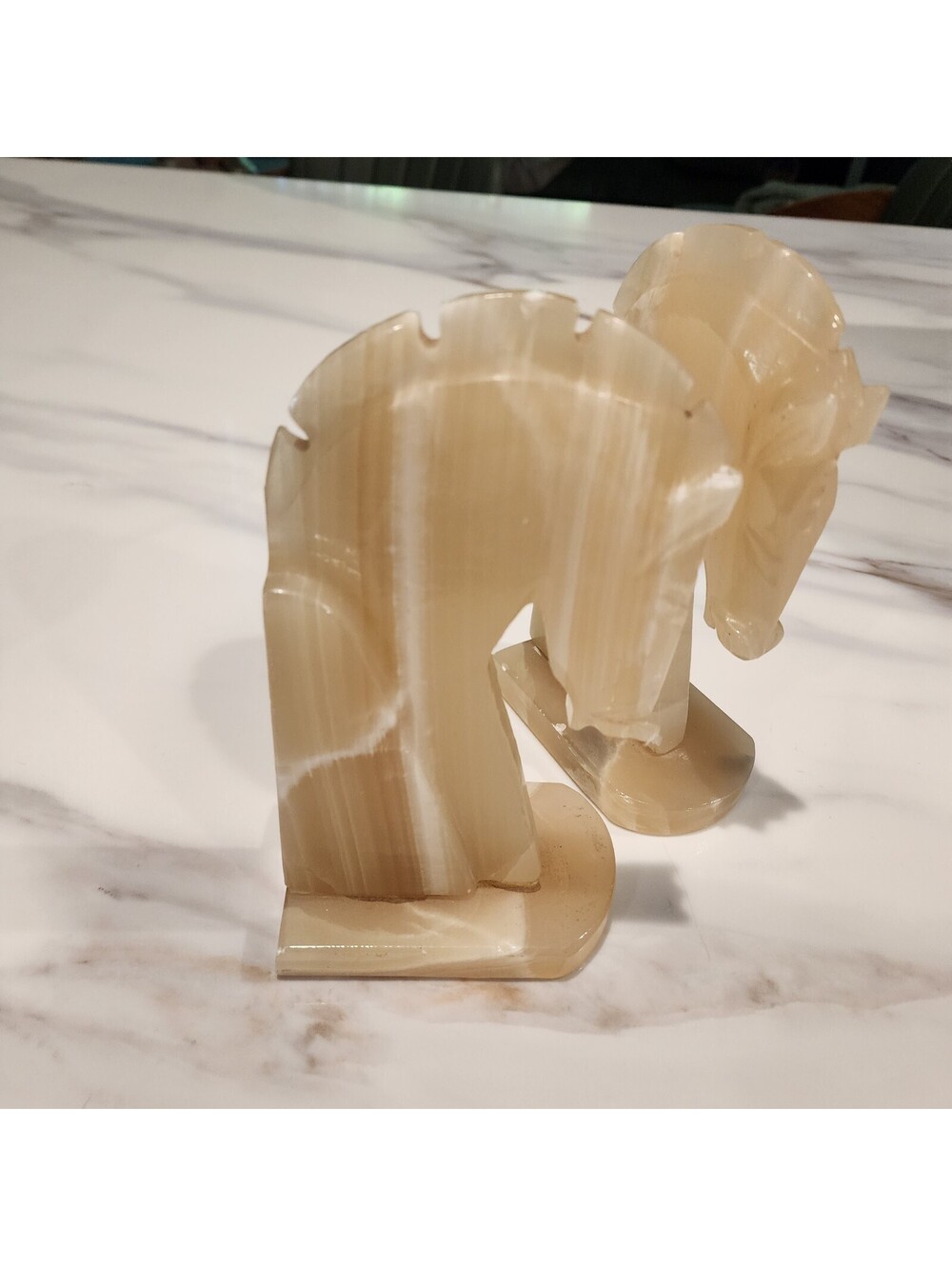 Vintage Banded Onyx Horse Head Bookends Pair Cream Honey Carved Stone